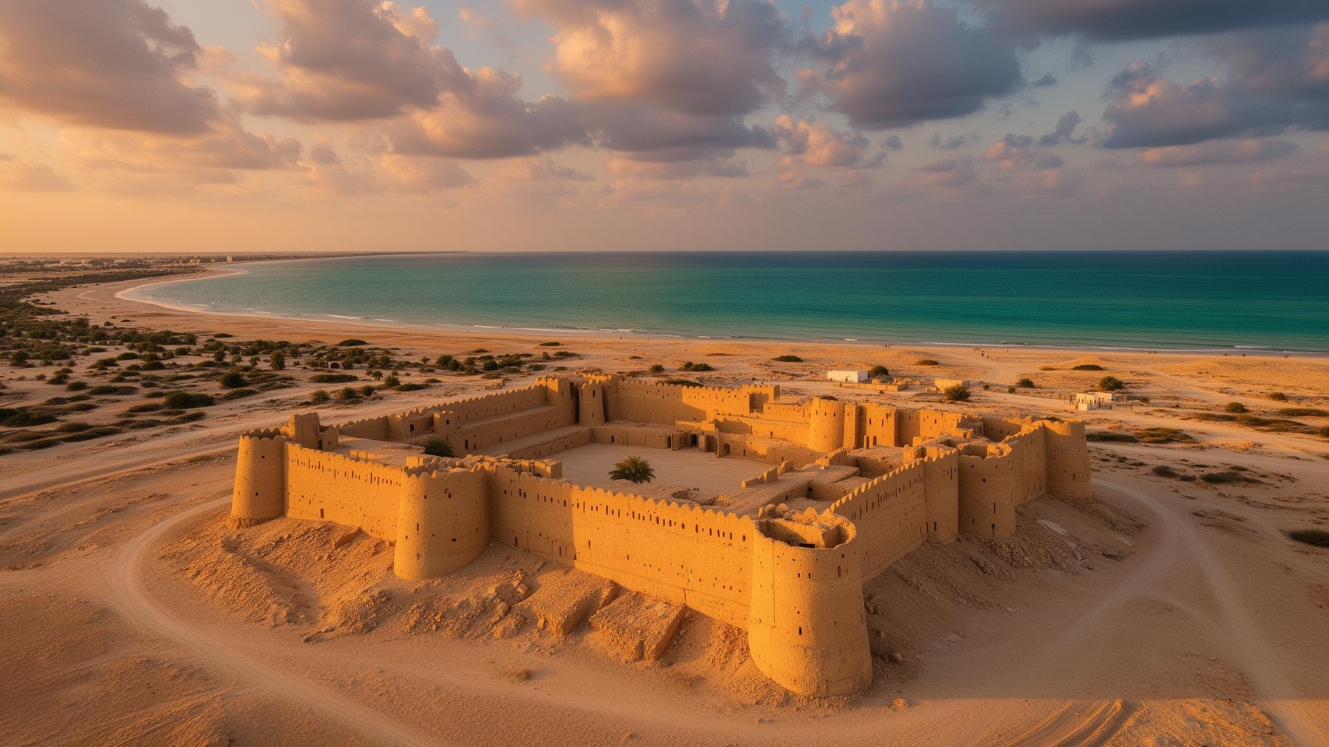 Aerial view of Bahrain Fort and the Gulf coastline at golden hour